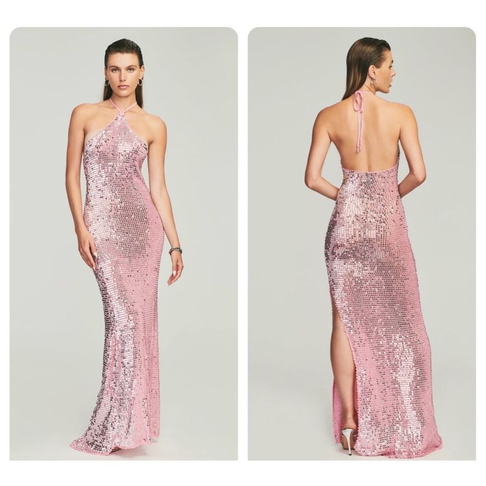 NWT Retrofete Sequin Halter Maxi Gown Dress Pink Medium $695
